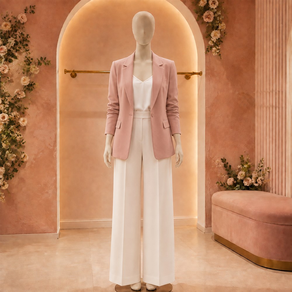 Blazer rosa con pantalón marfil sobre maniquí