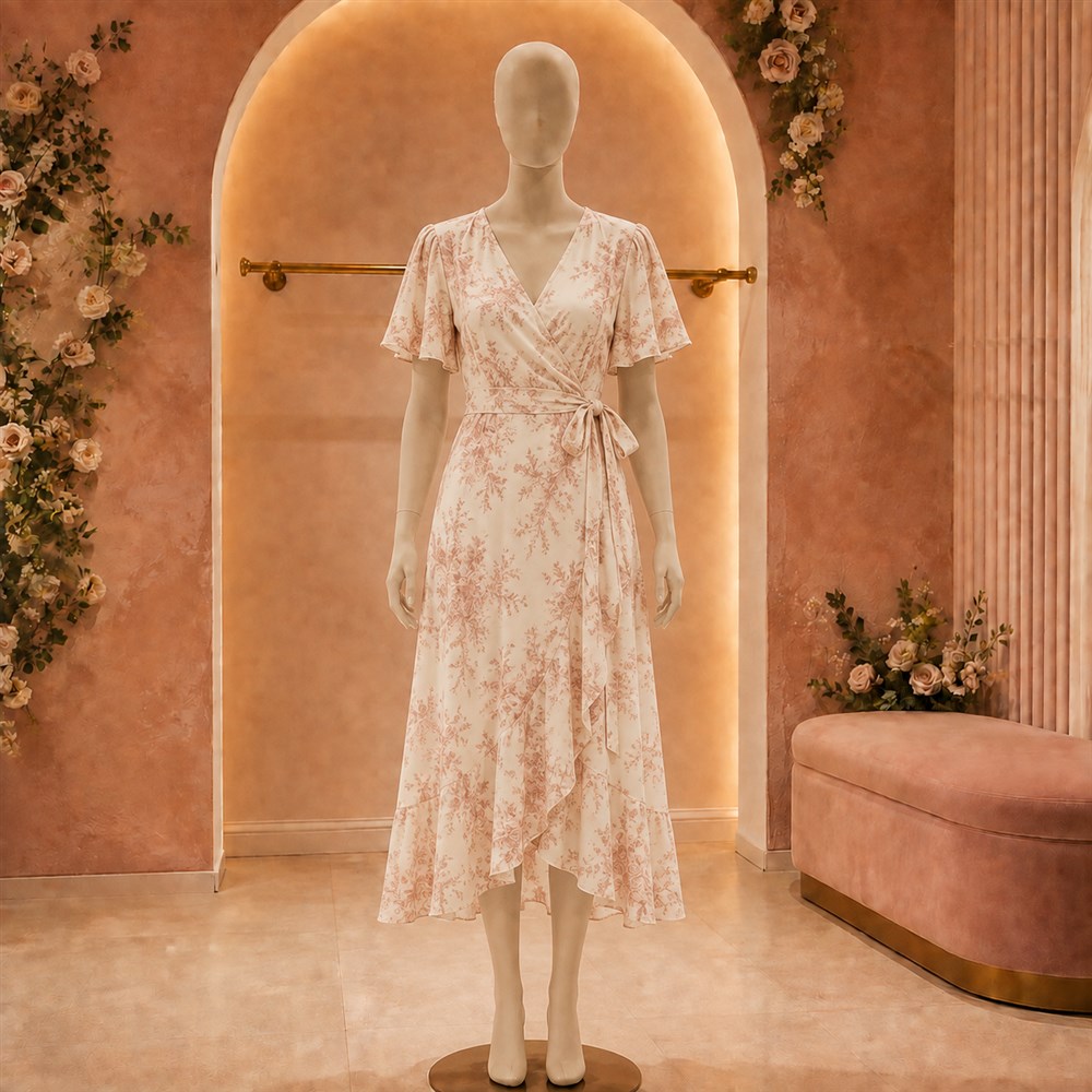 Vestido floral marfil exhibido sobre maniquí